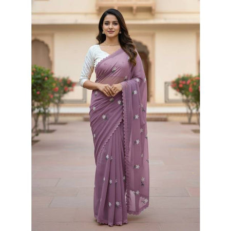 Premium Georgette Saree with Hand Embroidery Dusty Lavender Color, Lace Border & Matching Blouse Piece. Factory Price - Save $26