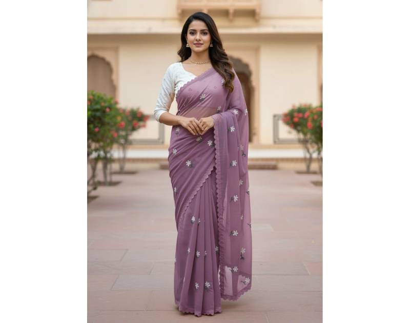 Premium Georgette Saree with Hand Embroidery Dusty Lavender Color, Lace Border & Matching Blouse Piece. Factory Price - Save $26