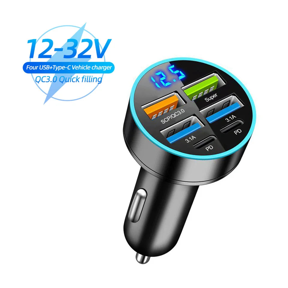 250W Car Charger – 5‑Port USB‑C PD & QC3.0 Fast Charging with Voltage Display