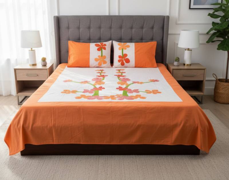 Double-Size Applique Bedsheet with Pillow Covers – Made of Twill Cotton Fabric. Factory Price - Save $60