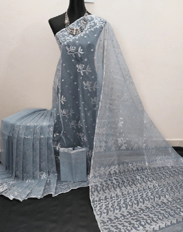 Jagged Ice-Silver Jamdani Saree