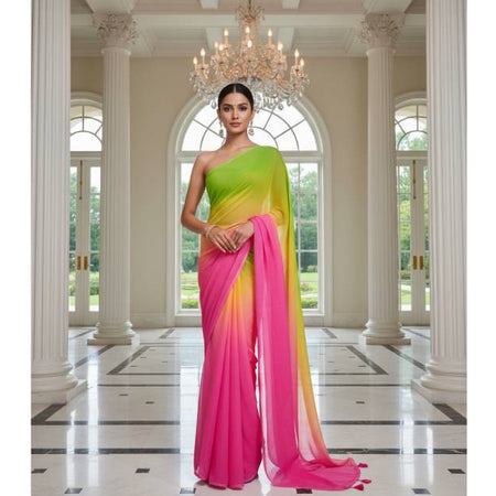 Georgette Saree – 12.5 Hands Length Avocado With Cerise Pink Color. Factory Price - Save $25