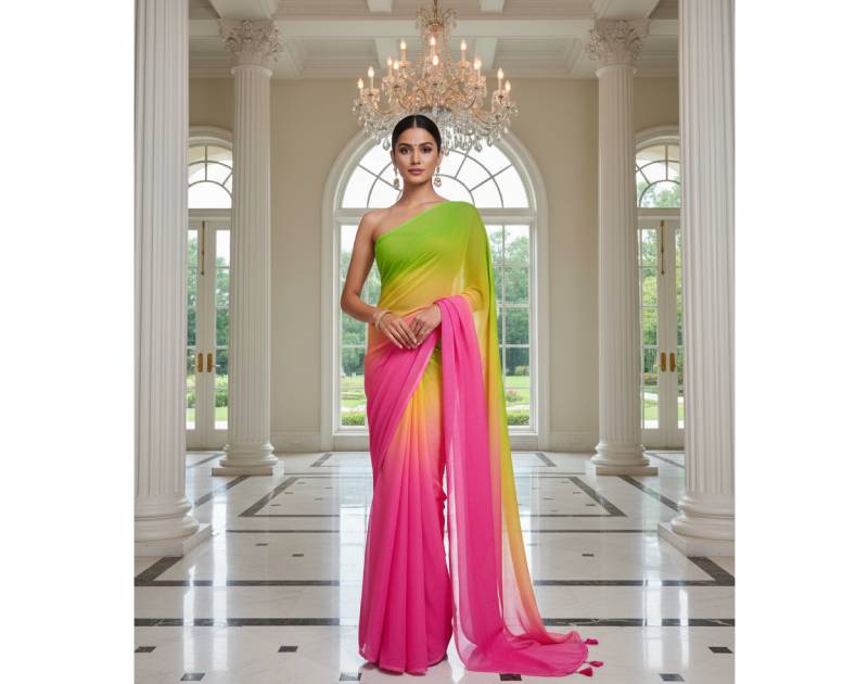 Georgette Saree – 12.5 Hands Length Avocado With Cerise Pink Color. Factory Price - Save $25