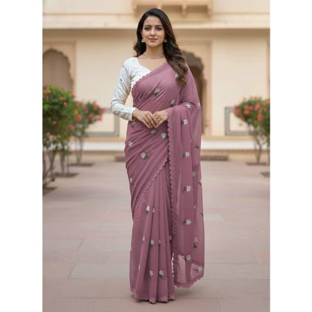 Premium Georgette Saree with Hand Embroidery Light Mauve Color, Lace Border & Matching Blouse Piece. Factory Price - Save $26