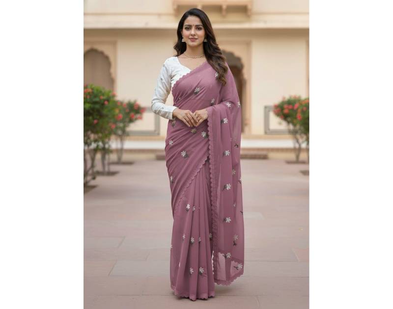 Premium Georgette Saree with Hand Embroidery Light Mauve Color, Lace Border & Matching Blouse Piece. Factory Price - Save $26