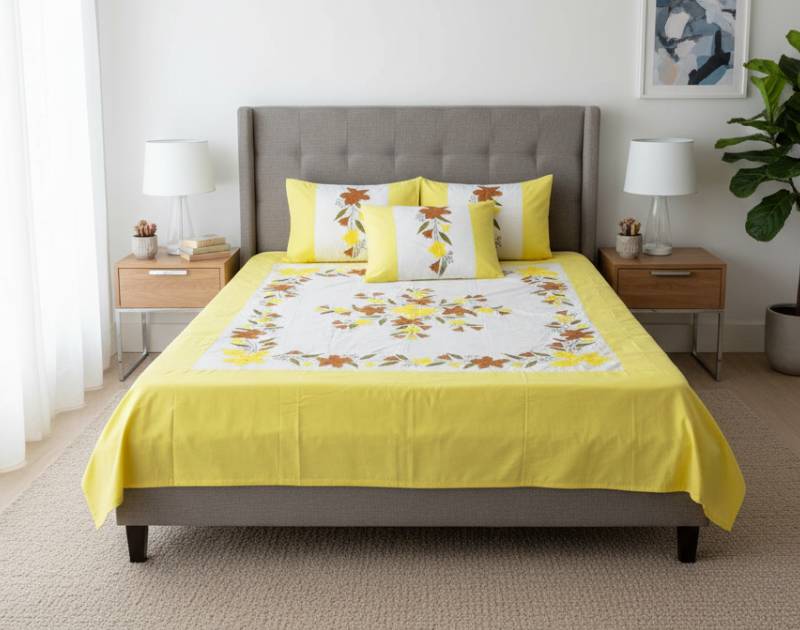 Double-Size Applique Bedsheet with Pillow Covers – Made of Twill Cotton Fabric. Factory Price - Save $60