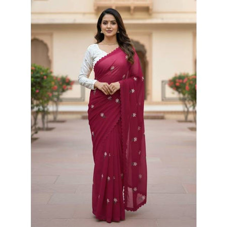 Premium Georgette Saree with Hand Embroidery Ruddy Pink Color, Lace Border & Matching Blouse Piece. Factory Price - Save $26
