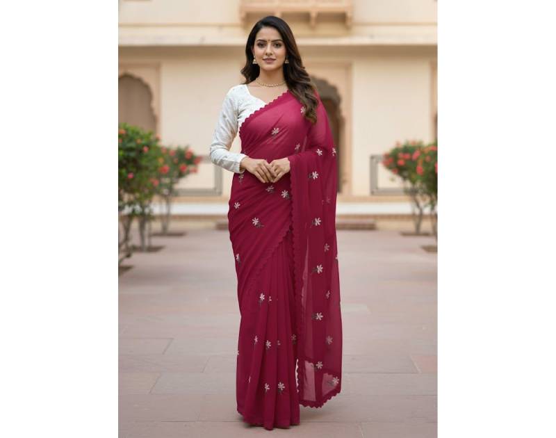 Premium Georgette Saree with Hand Embroidery Ruddy Pink Color, Lace Border & Matching Blouse Piece. Factory Price - Save $26