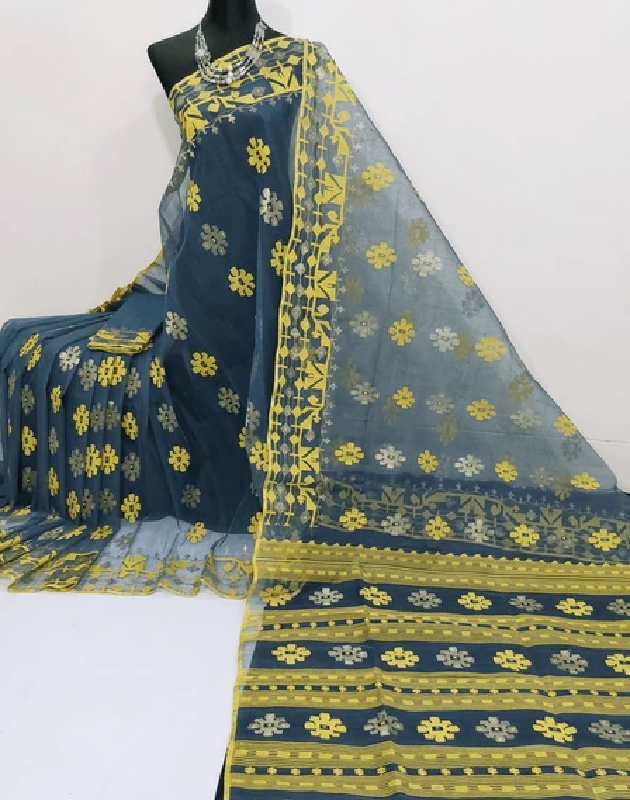 Blue-Yellow Jamdani Saree