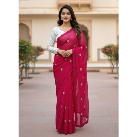 Premium Georgette Saree with Hand Embroidery Rich Maroon Color, Lace Border & Matching Blouse Piece. Factory Price - Save $26