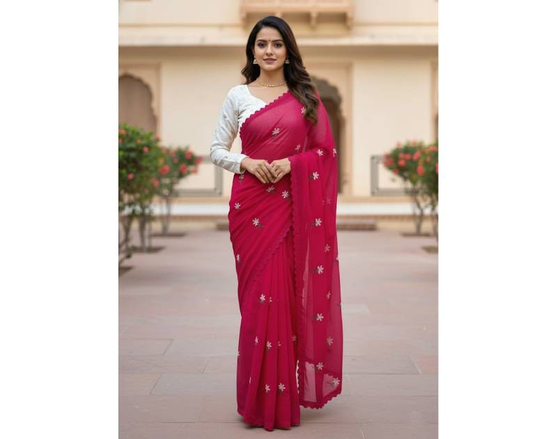 Premium Georgette Saree with Hand Embroidery Rich Maroon Color, Lace Border & Matching Blouse Piece. Factory Price - Save $26
