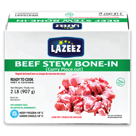 Lazeez Beef Stew Bone-In.  Net Wt 2LB. (Gross Wt Was 2.5LB). Product of Canada