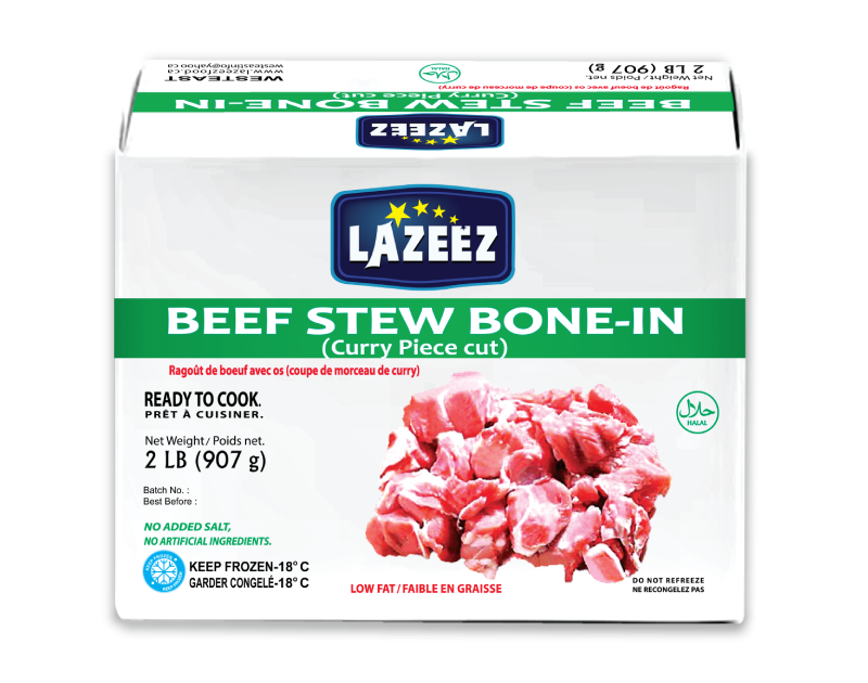 Lazeez Beef Stew Bone-In.  Net Wt 2LB. (Gross Wt Was 2.5LB). Product of Canada
