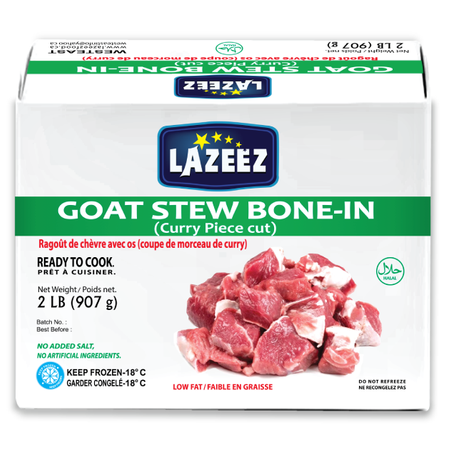 Lazeez Goat Stew Bone-In. Net Wt - 2LB. (Gross Wt Was 2.5LB). Packed & Processed in Canada