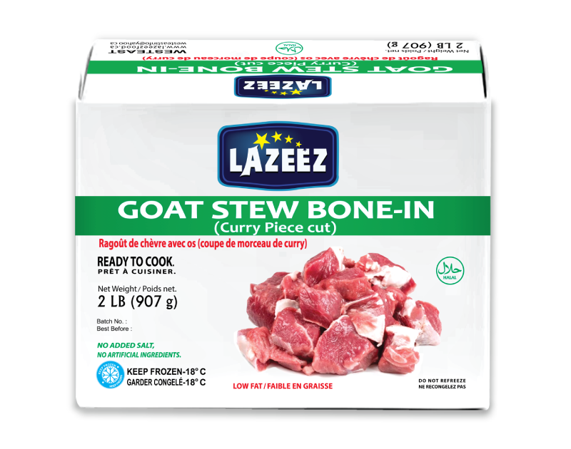 Lazeez Goat Stew Bone-In. Net Wt - 2LB. (Gross Wt Was 2.5LB). Packed & Processed in Canada
