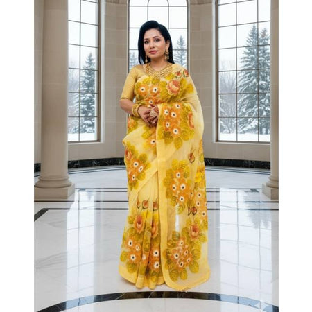 Muslin Saree with Floral Hand Painting, Cord Piping & Tassel Pallu. Factory Price - Save $112