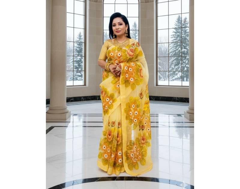 Muslin Saree with Floral Hand Painting, Cord Piping & Tassel Pallu. Factory Price - Save $112