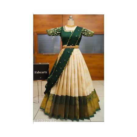 Trending Beautiful South Indian Style Half  Saree With Blouse & Rangoli Embroidery Dupatta