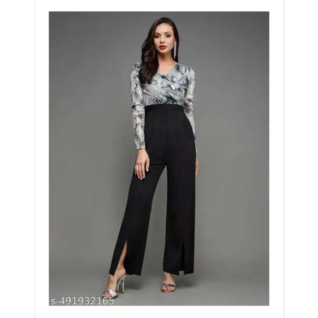 Miss Chase Women's Black & Silver  Embellished V Neck Full Sleeves Side Pocketed  Polyester Regular Length Jumpsuit