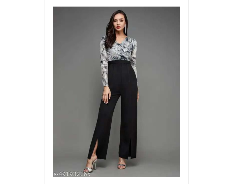 Miss Chase Women's Black & Silver  Embellished V Neck Full Sleeves Side Pocketed  Polyester Regular Length Jumpsuit