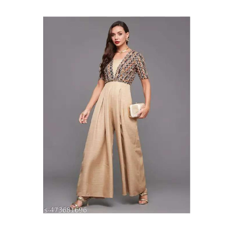 Miss Chase Women's Multicolored-Base Beige Square Neck Half Sleeve Geometric Pleated  Regular - Length Silk Jumpsuit