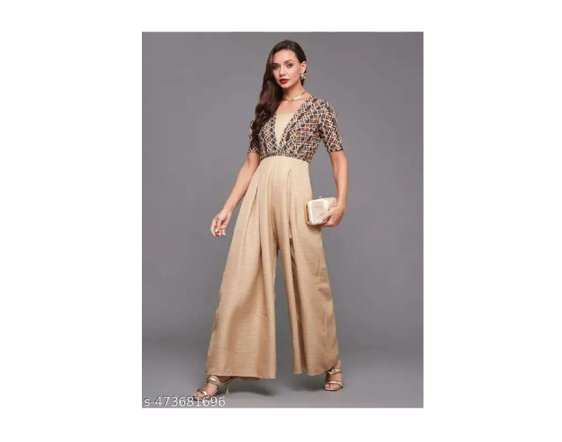 Miss Chase Women's Multicolored-Base Beige Square Neck Half Sleeve Geometric Pleated  Regular - Length Silk Jumpsuit