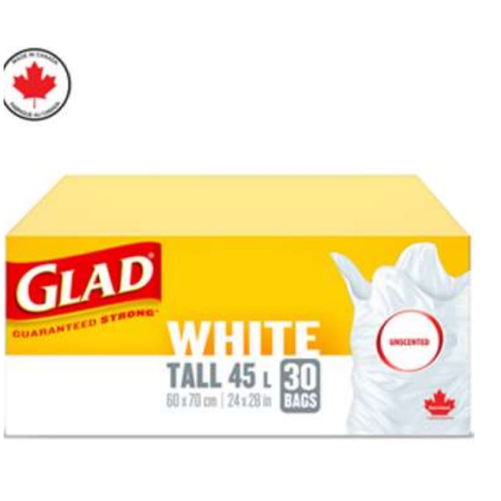 Glad White Tall 24" X 28" 45L Unscented - 30 Bags