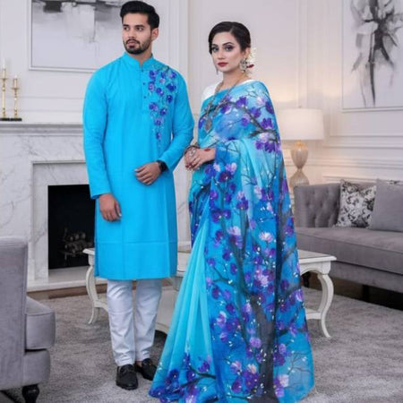 Half Silk Saree & Dhupion Silk Panjabi with Hand Print Brush Work. Factory Price - Save $23