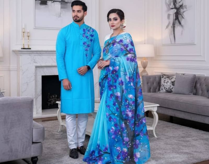Half Silk Saree & Dhupion Silk Panjabi with Hand Print Brush Work. Factory Price - Save $23