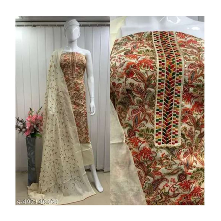 Pure Cotton With Beautiful Print Neck  Embroidery Work Dress Material & Suits For Women