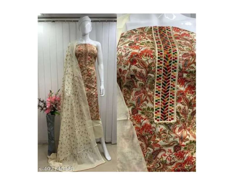 Pure Cotton With Beautiful Print Neck  Embroidery Work Dress Material & Suits For Women