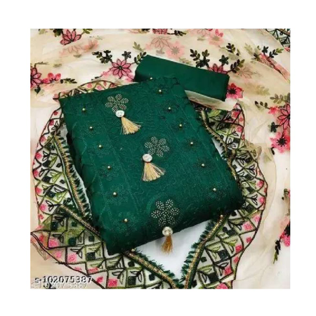 Women's Green Floral Embroidered Cotton  Suits & Dress Materials