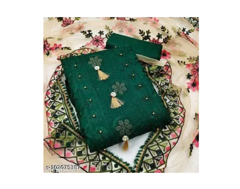 Women's Green Floral Embroidered Cotton  Suits & Dress Materials