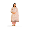 Unstitched Soft Beige Cotton Suit with Pink  Floral Print & Embroidered