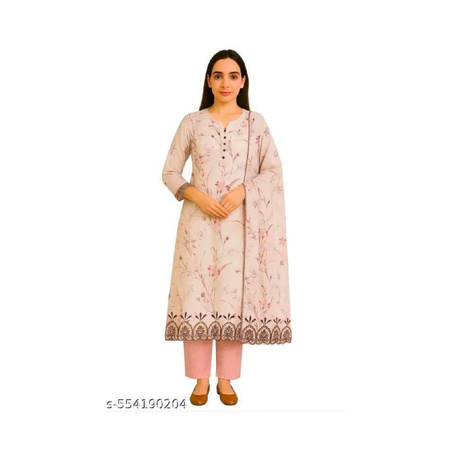 Unstitched Soft Beige Cotton Suit with Pink  Floral Print & Embroidered