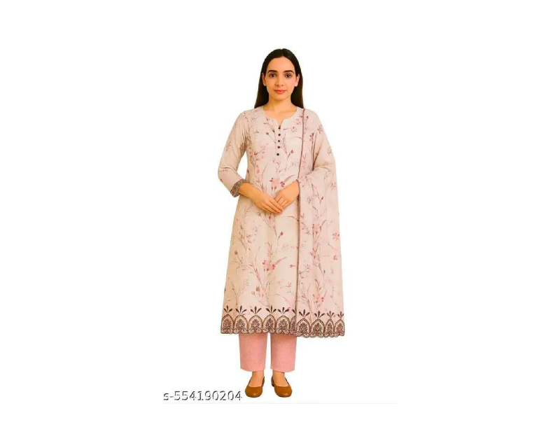Unstitched Soft Beige Cotton Suit with Pink  Floral Print & Embroidered