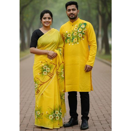 Premium Half Silk Saree & Dhupion Silk Panjabi with Hand Print Brush Work. Factory Price - Save $21