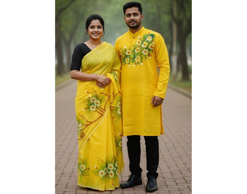 Premium Half Silk Saree & Dhupion Silk Panjabi with Hand Print Brush Work. Factory Price - Save $21