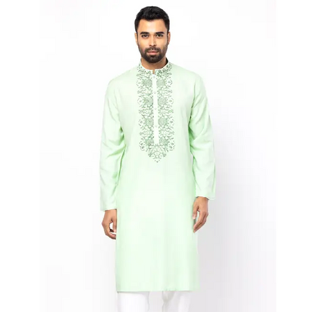 Mint Green Embroidered Viscose-Cotton Panjabi