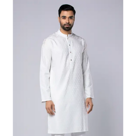 White Textured and Embroidered Vortex Cotton Slim Fit Panjabi