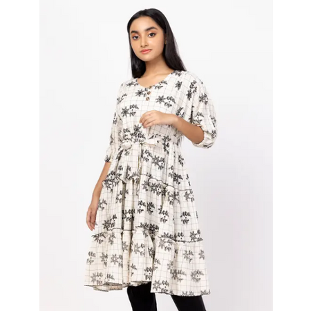 White Textured and Printed Mixed Cotton Frock