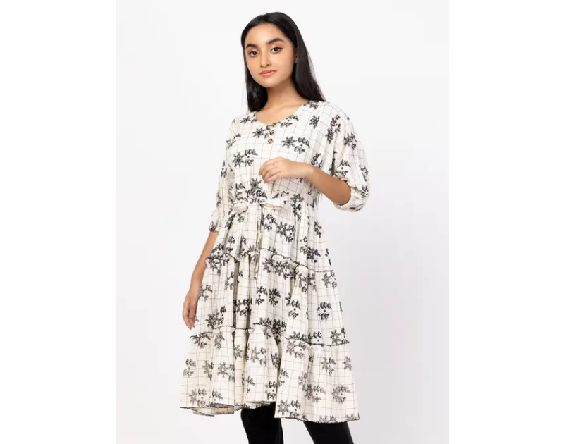 White Textured and Printed Mixed Cotton Frock