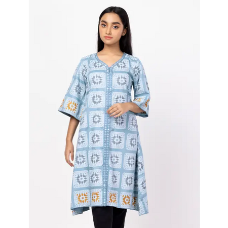 Slate Blue Printed and Embroidered Mixed Cotton Frock