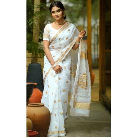 Premium Semi Muslin Saree with Skin & Apsan Print White Color – 14 Hath Length | Matching Blouse Piece Included. Factory Price - Save $20
