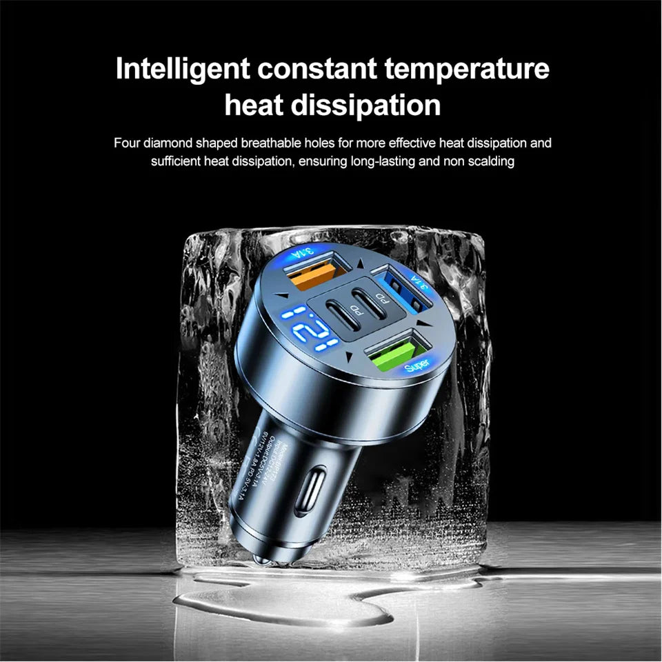 250W Car Charger – 5‑Port USB‑C PD & QC3.0 Fast Charging with Voltage Display