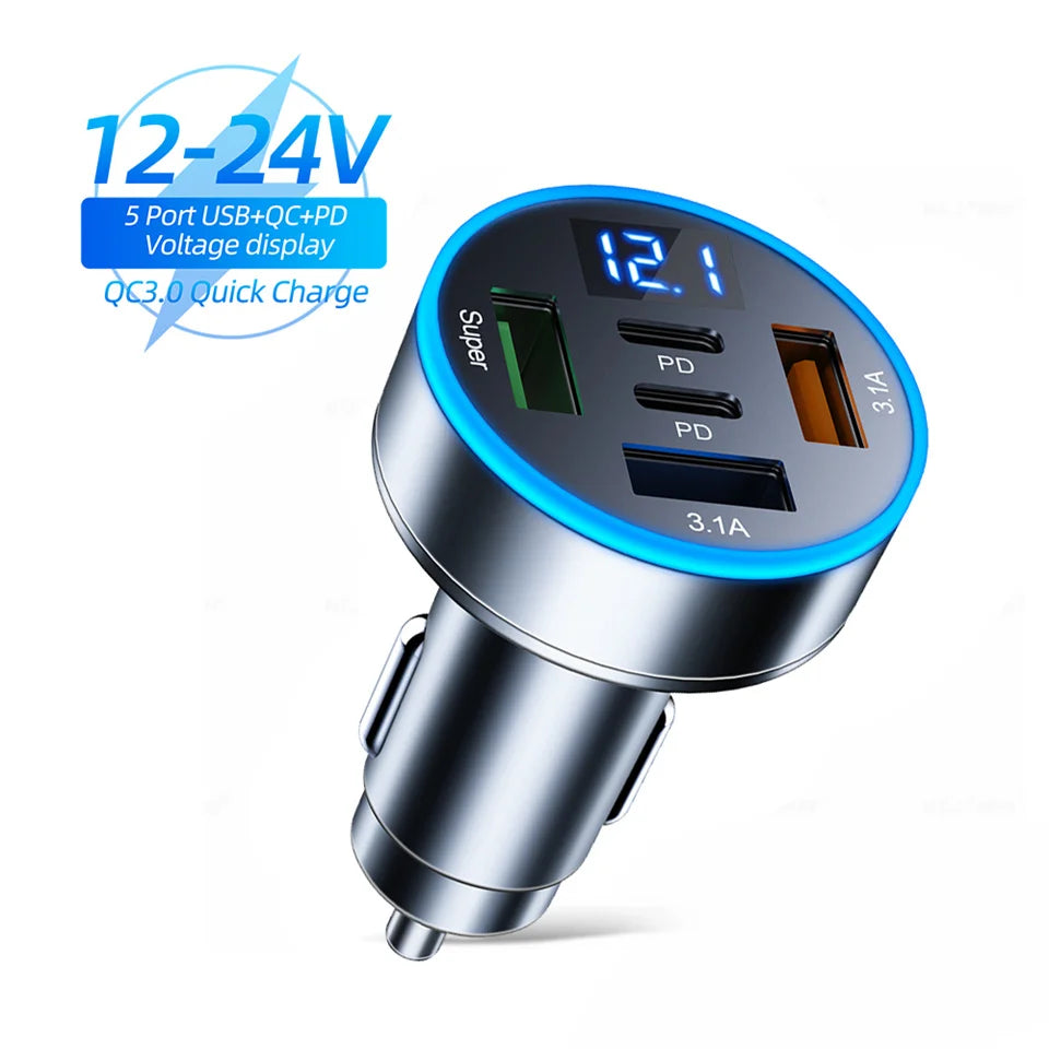 250W Car Charger – 5‑Port USB‑C PD & QC3.0 Fast Charging with Voltage Display
