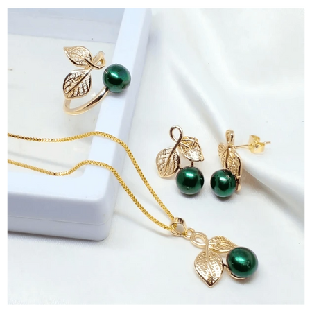 Green Pearl Ring-Neckless-Earring Ornament Set