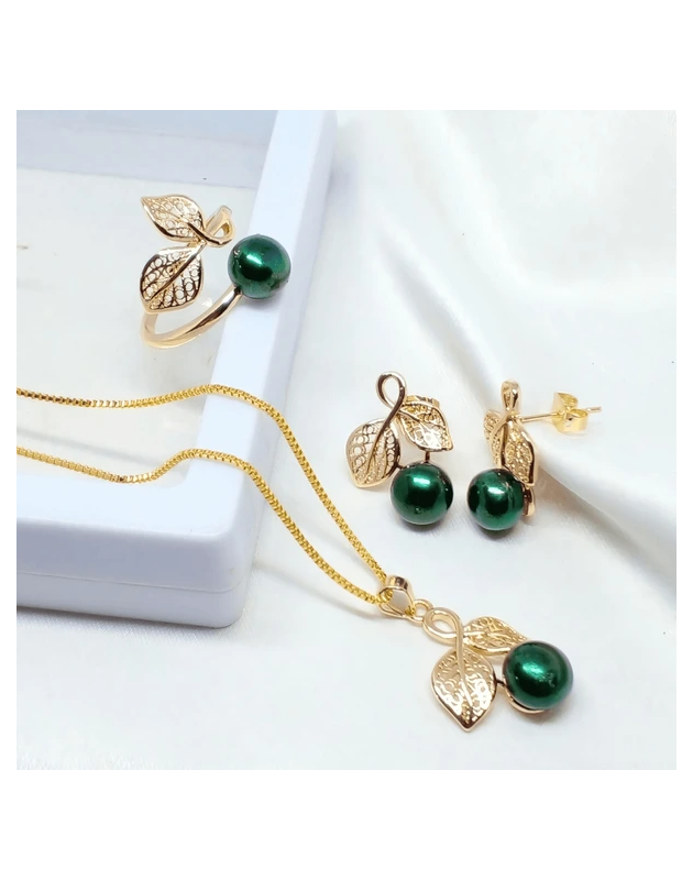 Green Pearl Ring-Neckless-Earring Ornament Set