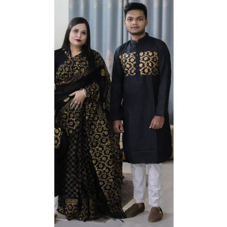 Dhupion Silk Saree with Skin & Block Print Work | Dhupion Silk Panjabi. Factory Price - Save $20