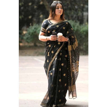 Premium Semi Muslin Saree with Skin & Apsan Print Black Color – 14 Hath Length | Matching Blouse Piece Included. Factory Price - Save $20
